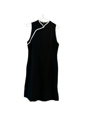 TRISTAN LINEN BLEND MANDARIN Collar Sleeveless Dress Black w/white trim